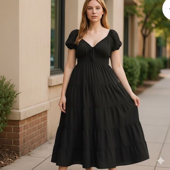 NEW Arula Tiered Dress size XL Black Sweetheart Neckline Midi - Picture 1 of 10